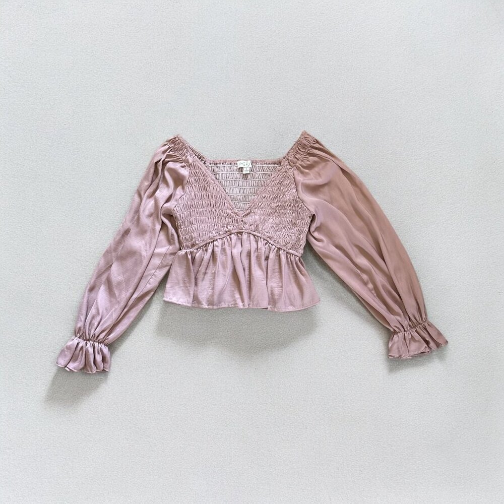 She + Sky Blouse Mauve Size S Smocked Puff Sleeve Ruffle Hem Dusty Rose Pink